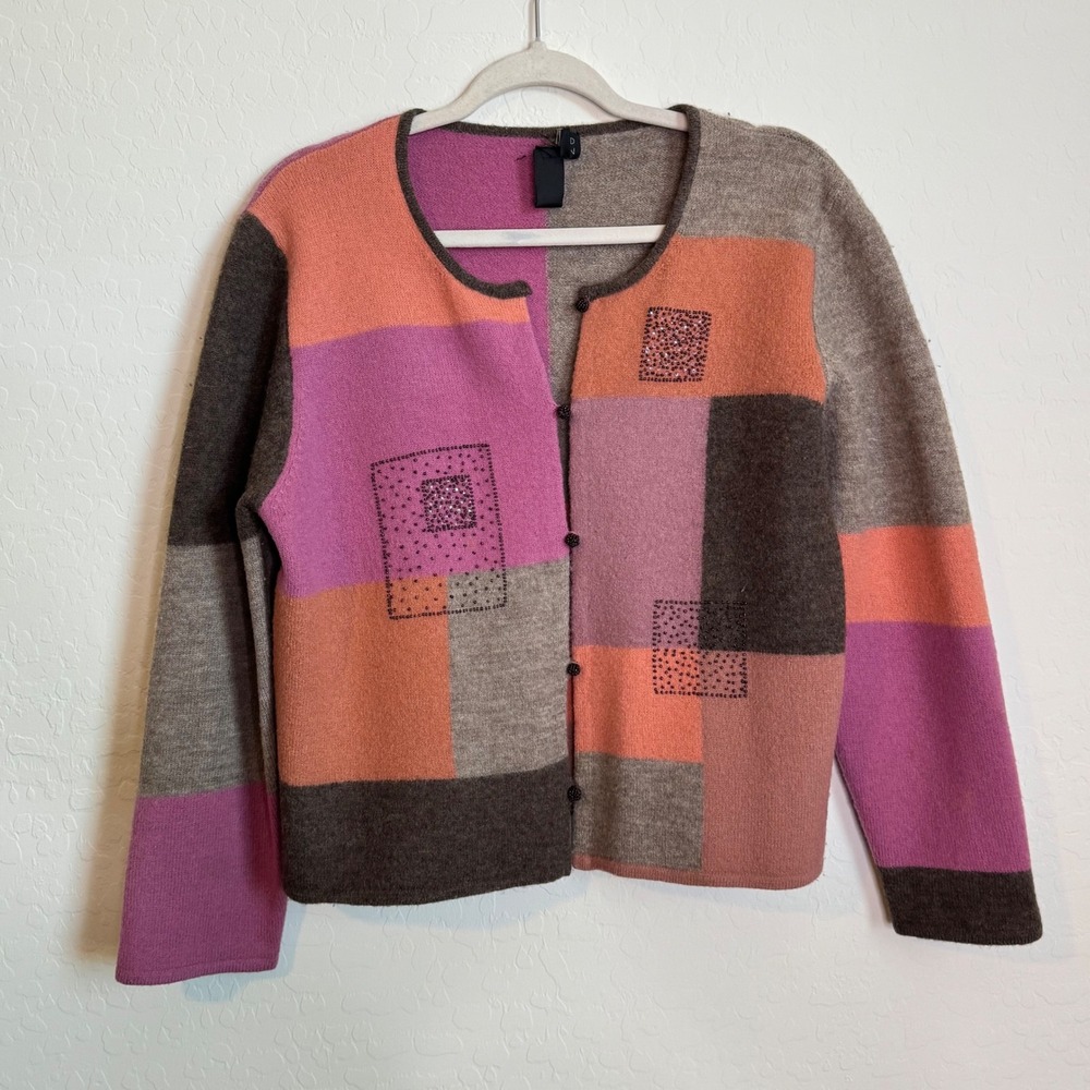 VTG Sigrid Olsen Petite L Merino Wool Colorblock Beaded Cardigan Sweater Boho